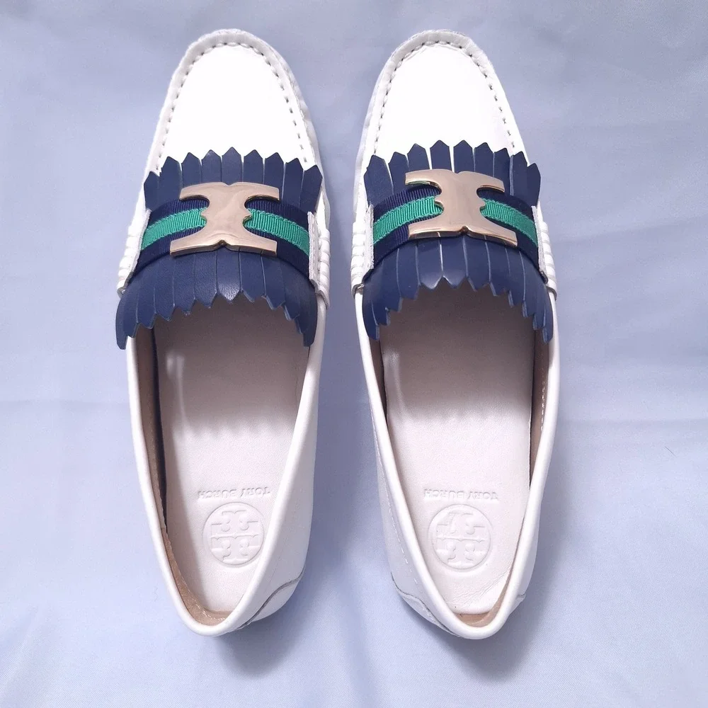 Tory Burch Gemini‎ Link Driver Leather Loafers White Navy Fringe Shoes Sz 6 NIB